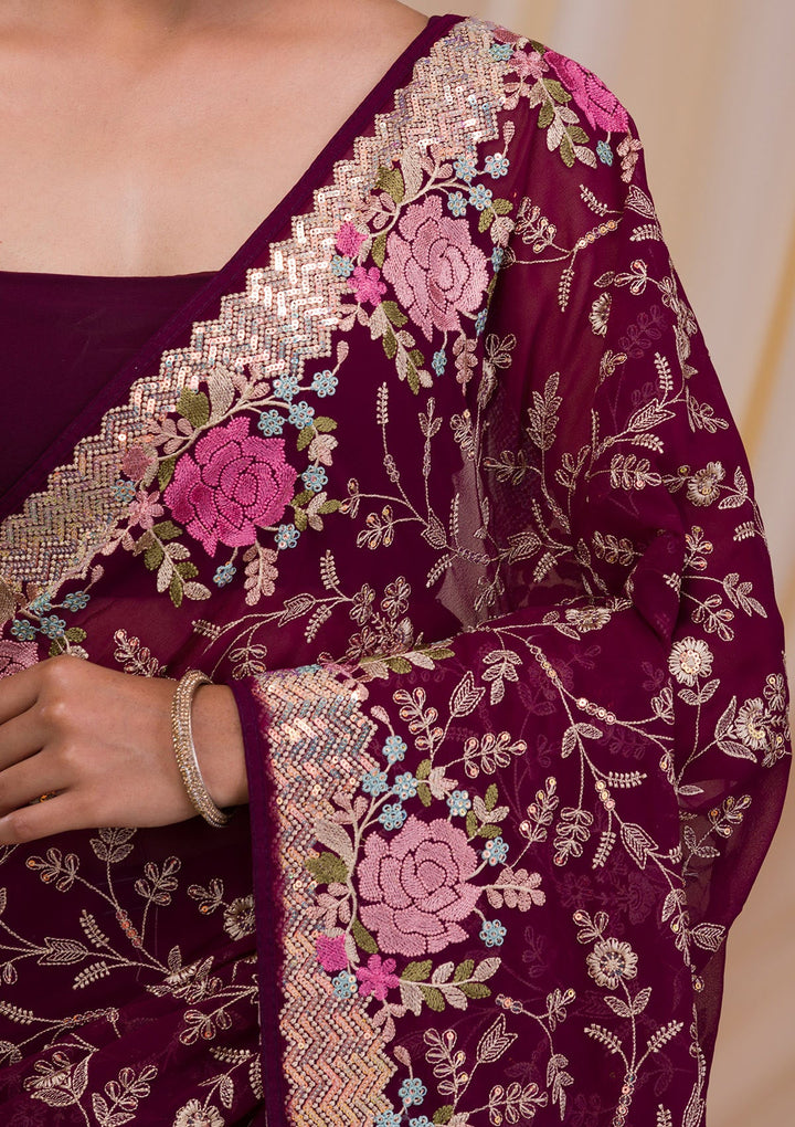 Wine Threadwork Georgette Saree-Koskii