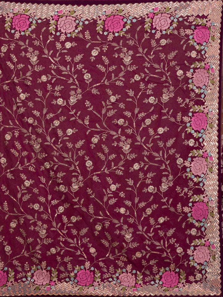 Wine Threadwork Georgette Saree-Koskii