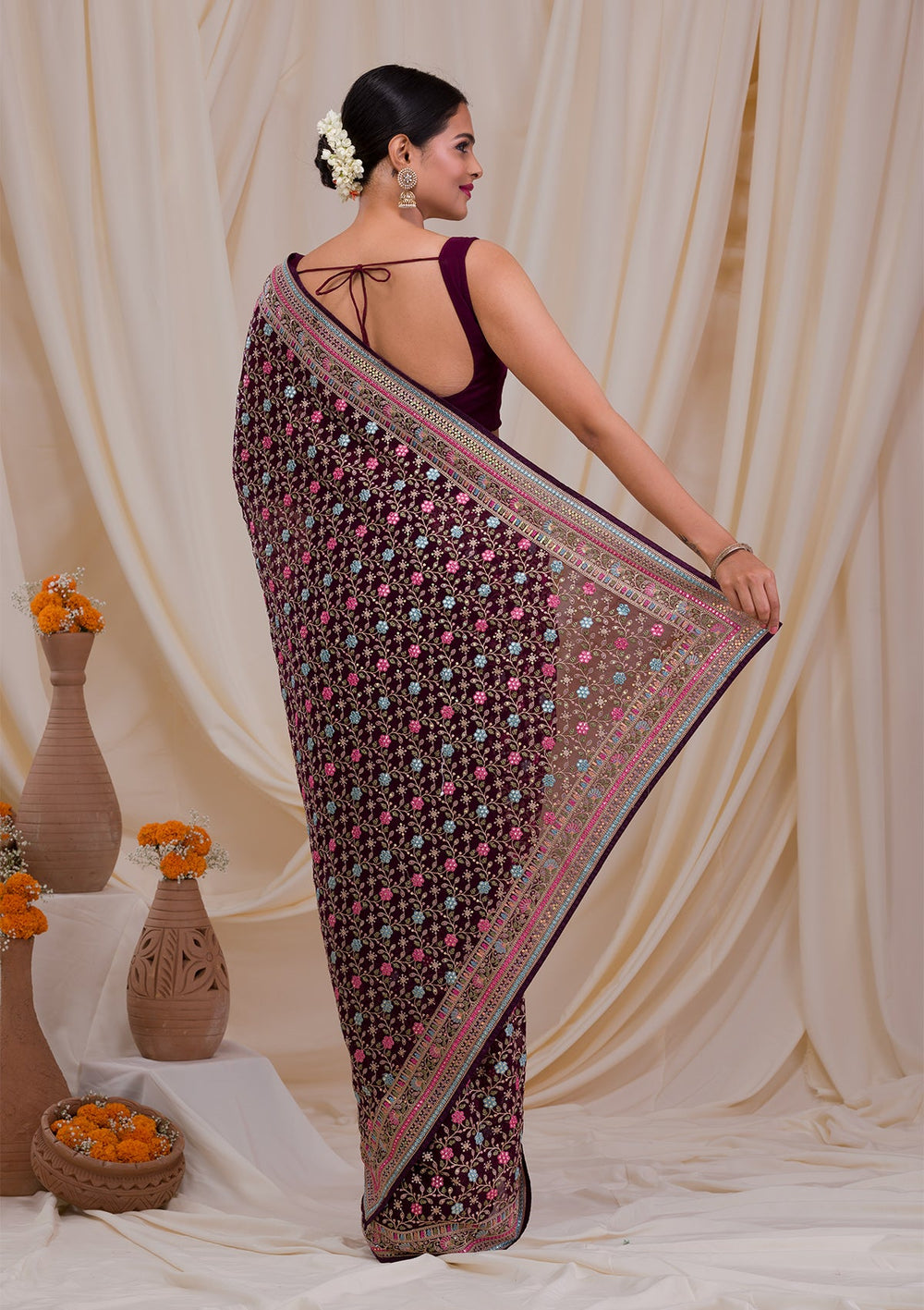 Wine Threadwork Georgette Saree-Koskii