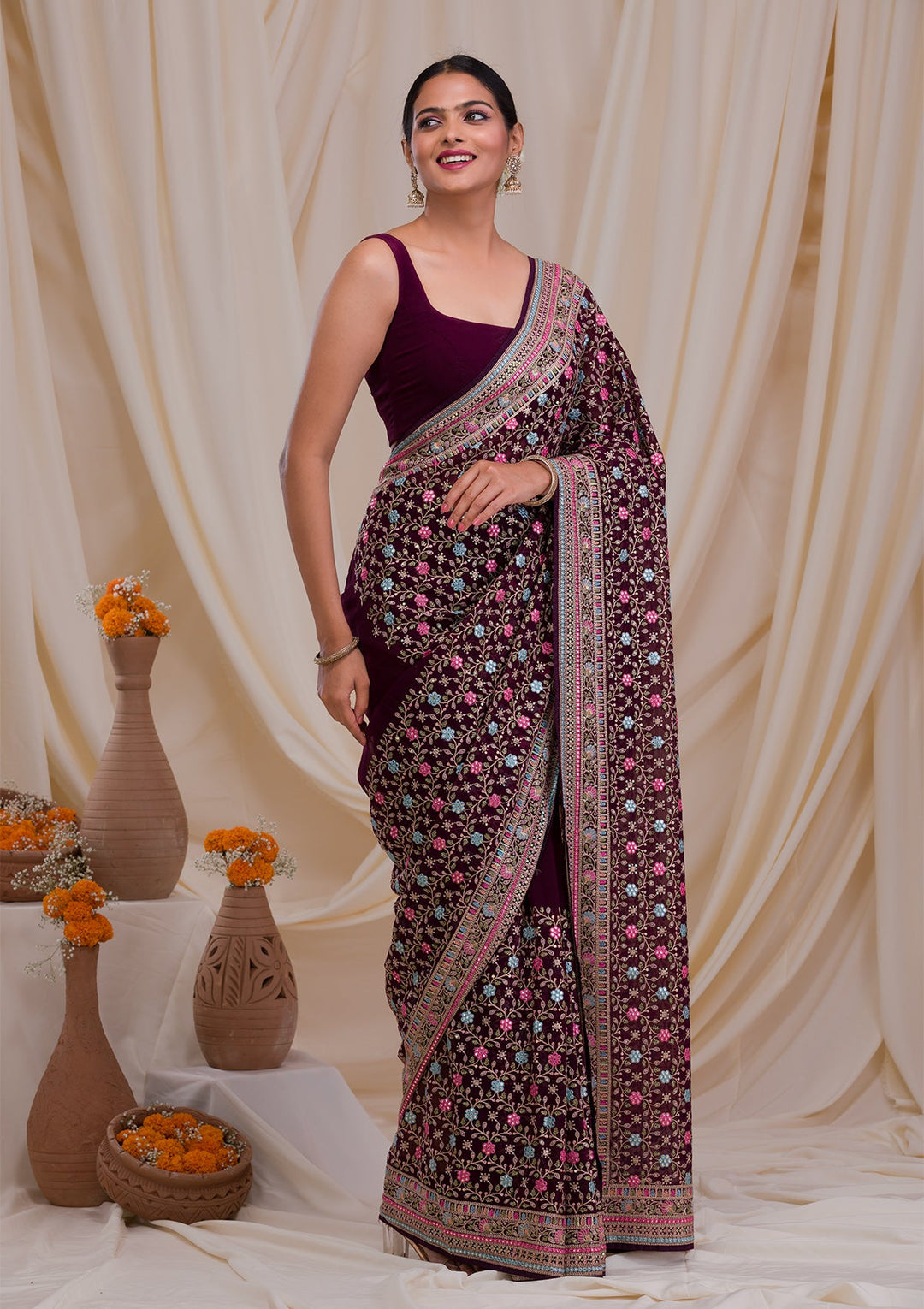 Wine Threadwork Georgette Saree-Koskii