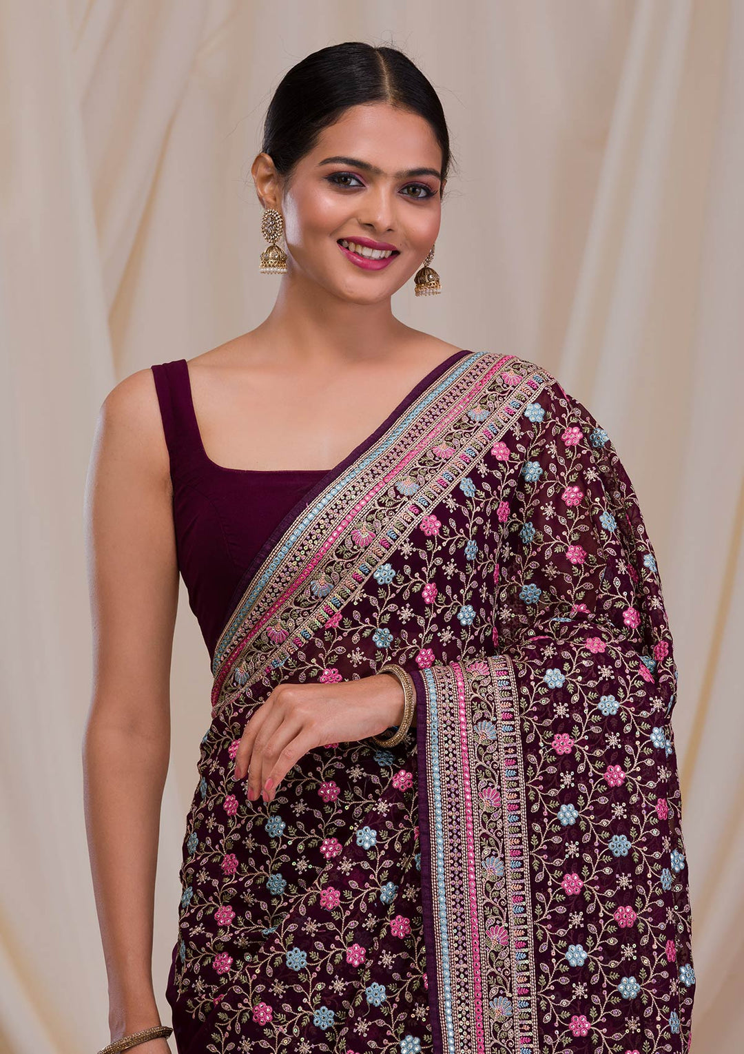 Wine Threadwork Georgette Saree-Koskii
