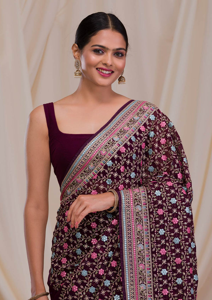 Wine Threadwork Georgette Saree-Koskii