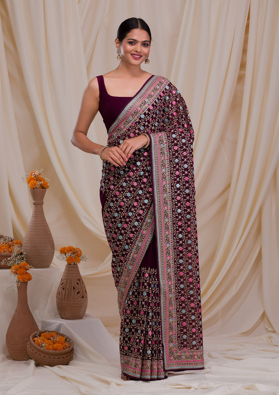 Wine Threadwork Georgette Saree-Koskii