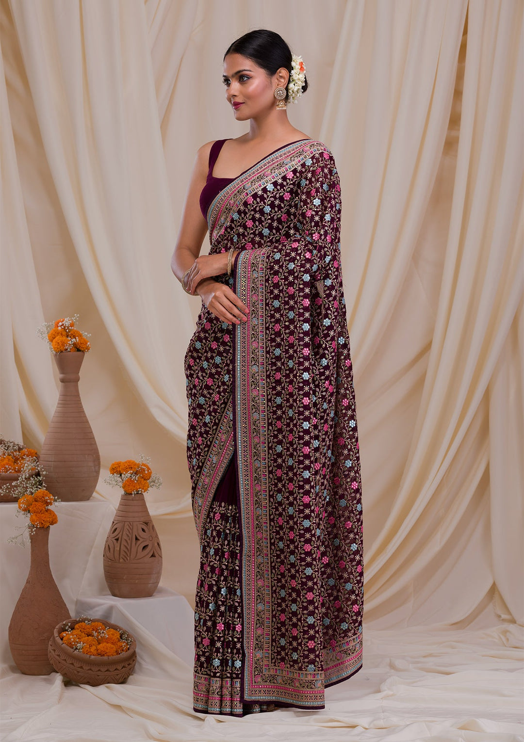 Wine Threadwork Georgette Saree-Koskii