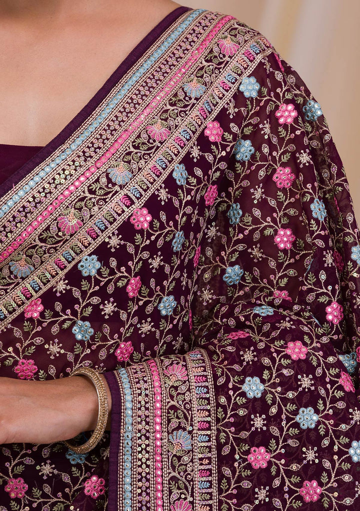 Wine Threadwork Georgette Saree-Koskii