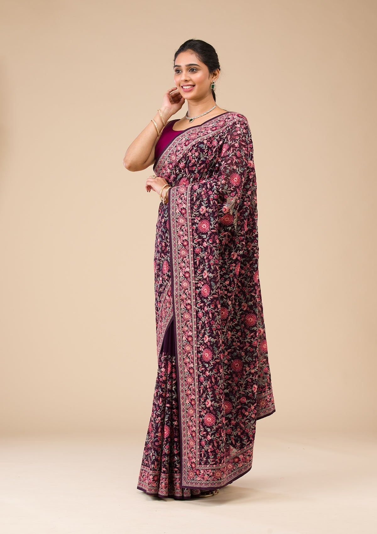 Wine Threadwork Georgette Saree-Koskii