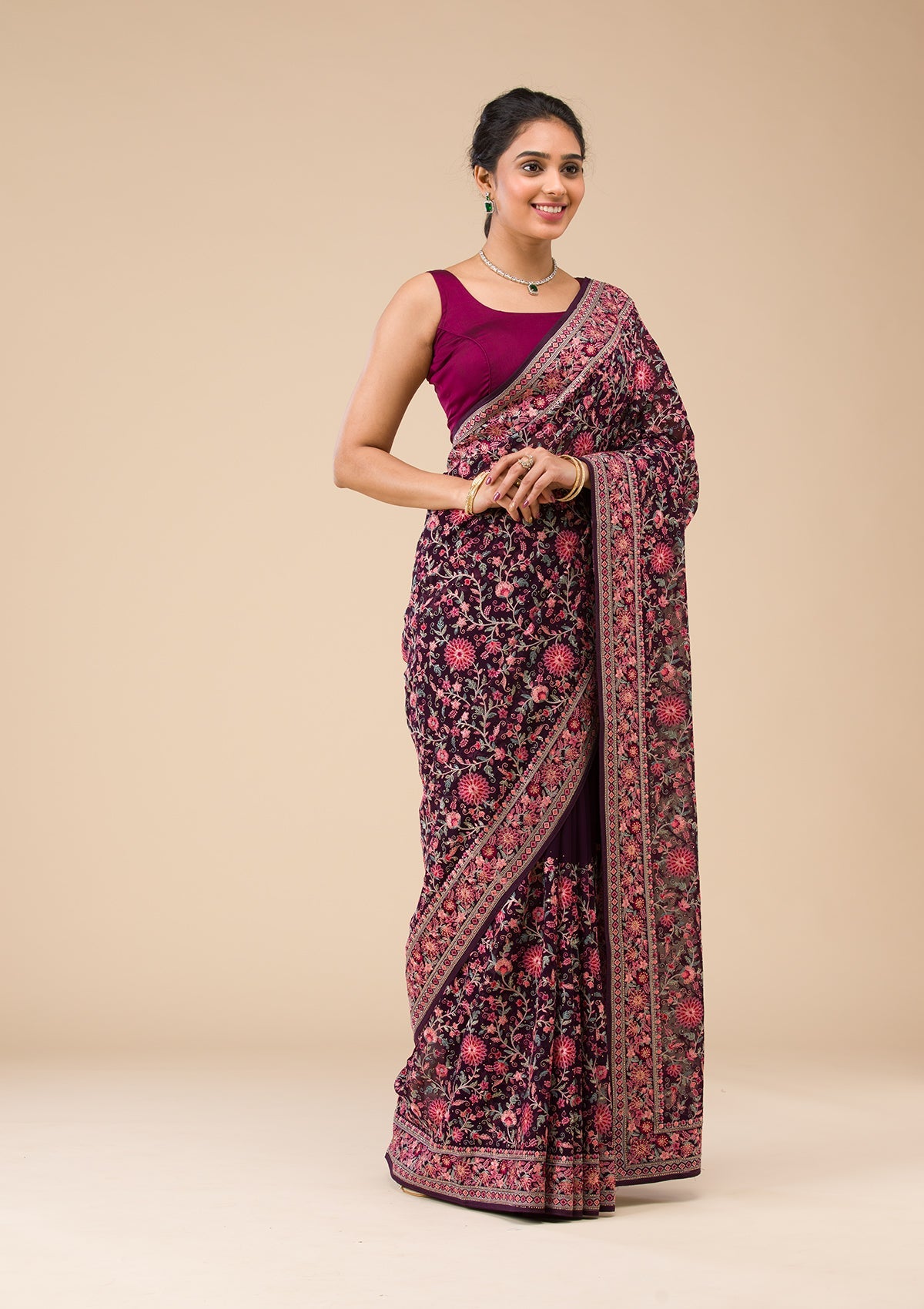 Wine Threadwork Georgette Saree-Koskii