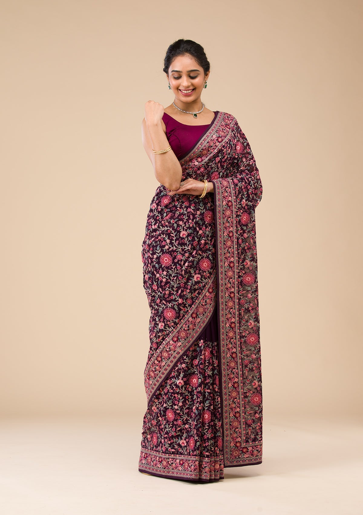 Wine Threadwork Georgette Saree-Koskii