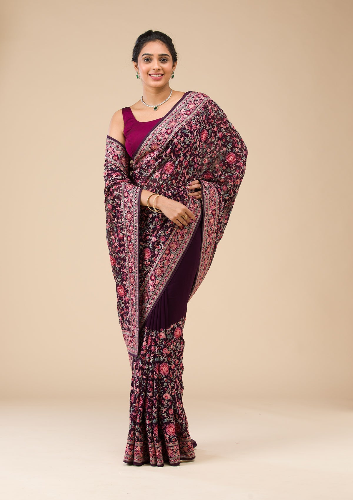 Wine Threadwork Georgette Saree-Koskii