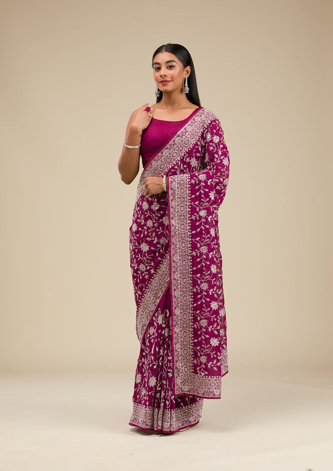 Wine Threadwork Georgette Saree-Koskii