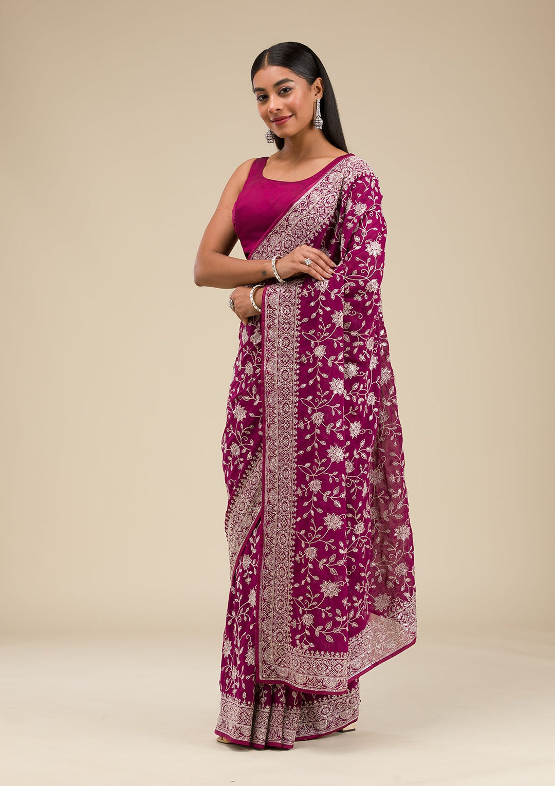 Wine Threadwork Georgette Saree-Koskii