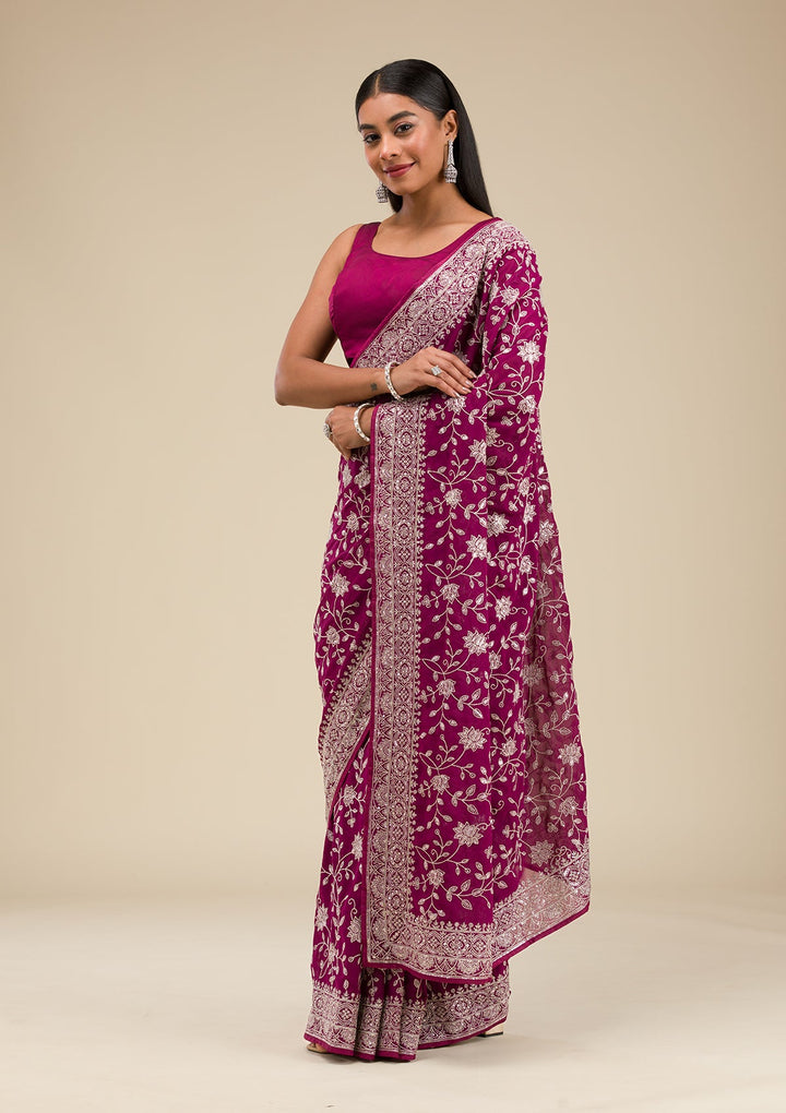 Wine Threadwork Georgette Saree-Koskii