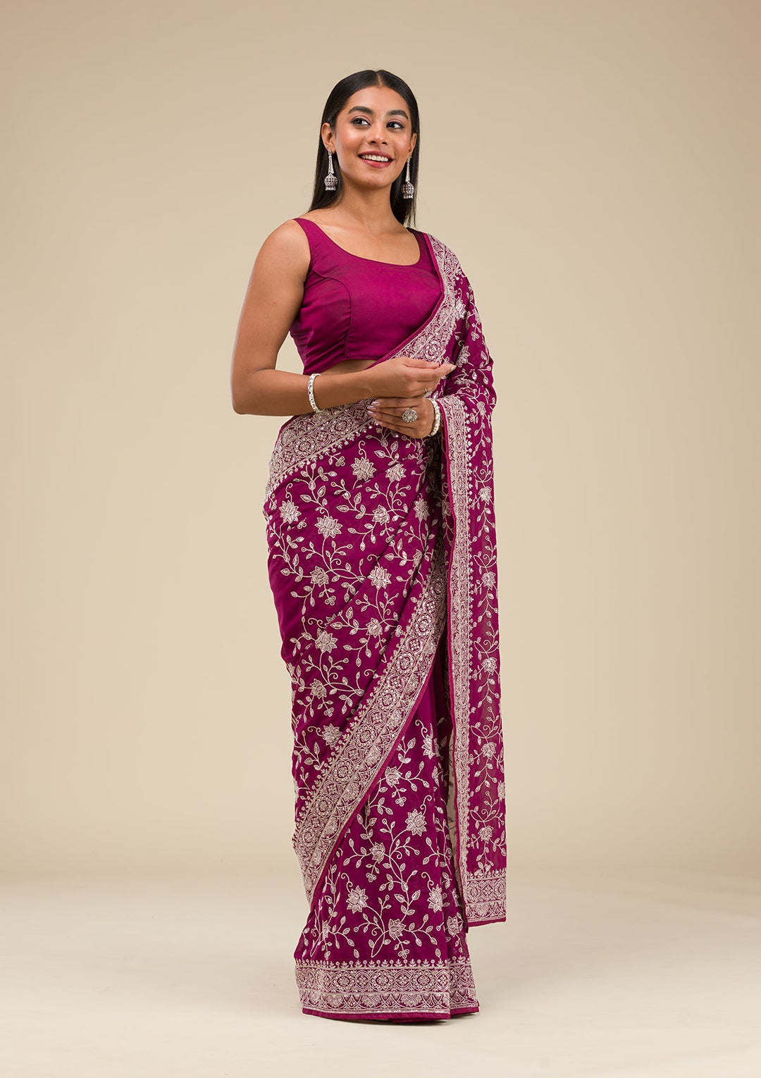 Wine Threadwork Georgette Saree-Koskii