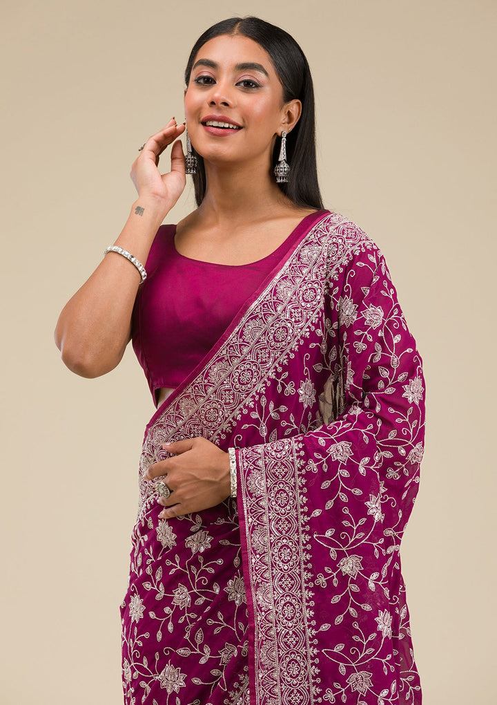 Wine Threadwork Georgette Saree-Koskii