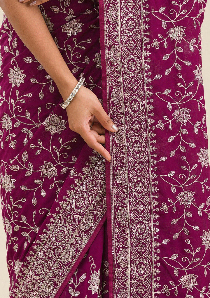 Wine Threadwork Georgette Saree-Koskii