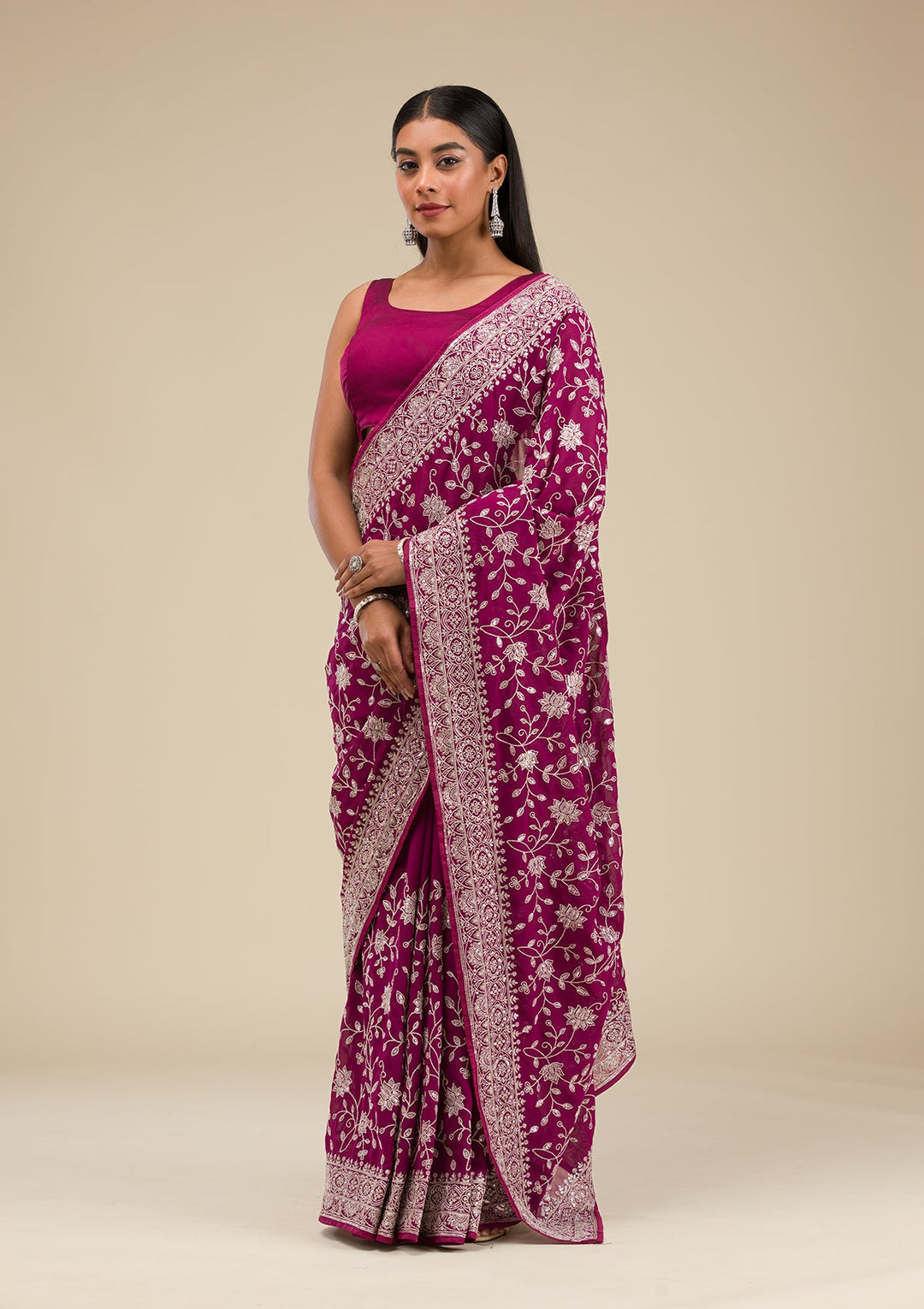 Wine Threadwork Georgette Saree-Koskii