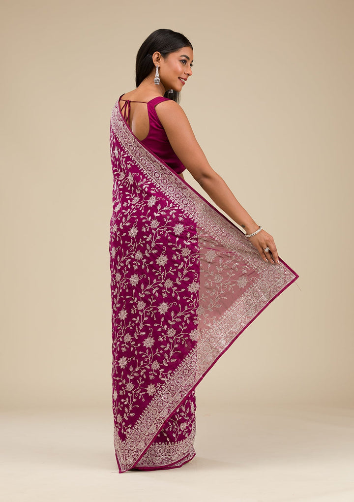 Wine Threadwork Georgette Saree-Koskii