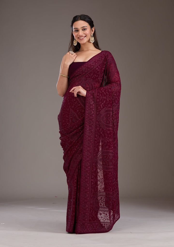 Wine Threadwork Georgette Saree-Koskii