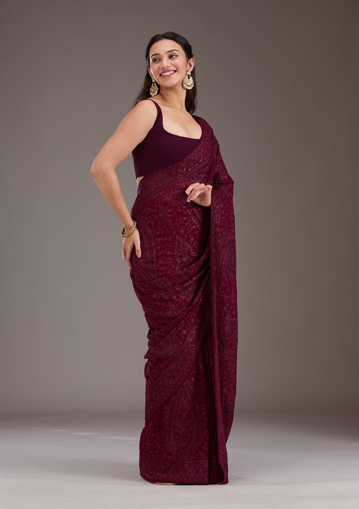 Wine Threadwork Georgette Saree-Koskii