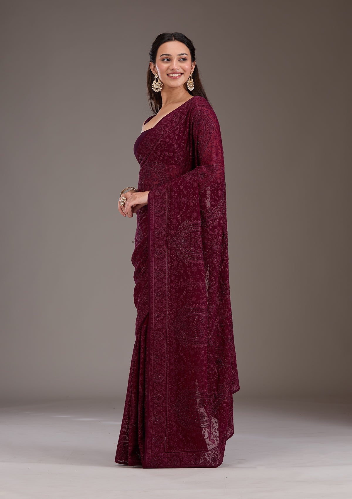 Wine Threadwork Georgette Saree-Koskii