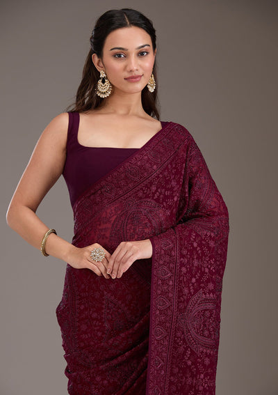 Wine Threadwork Georgette Saree-Koskii