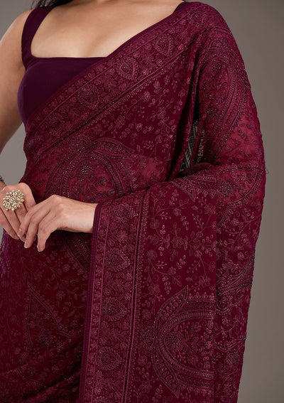 Wine Threadwork Georgette Saree-Koskii