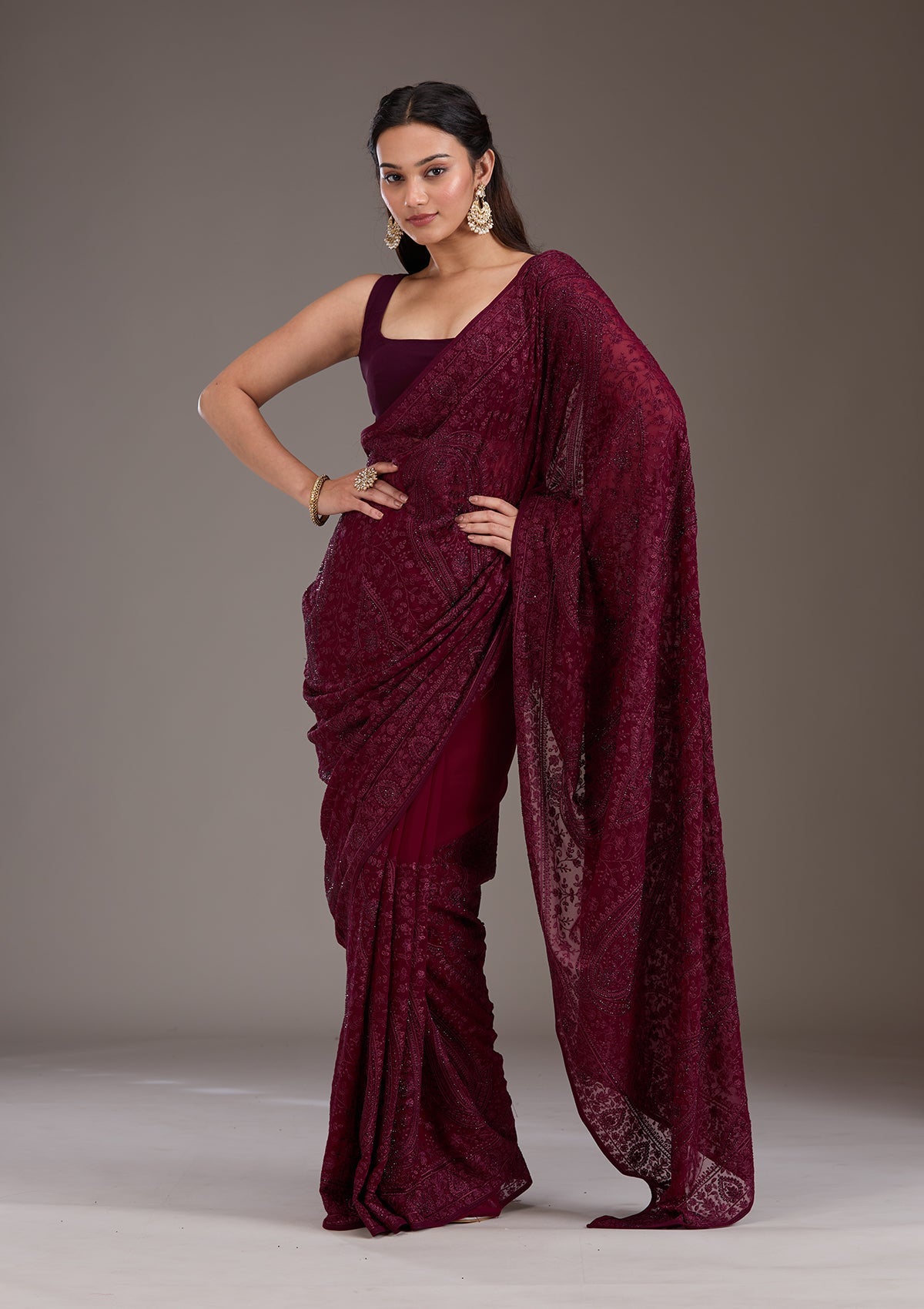 Wine Threadwork Georgette Saree-Koskii