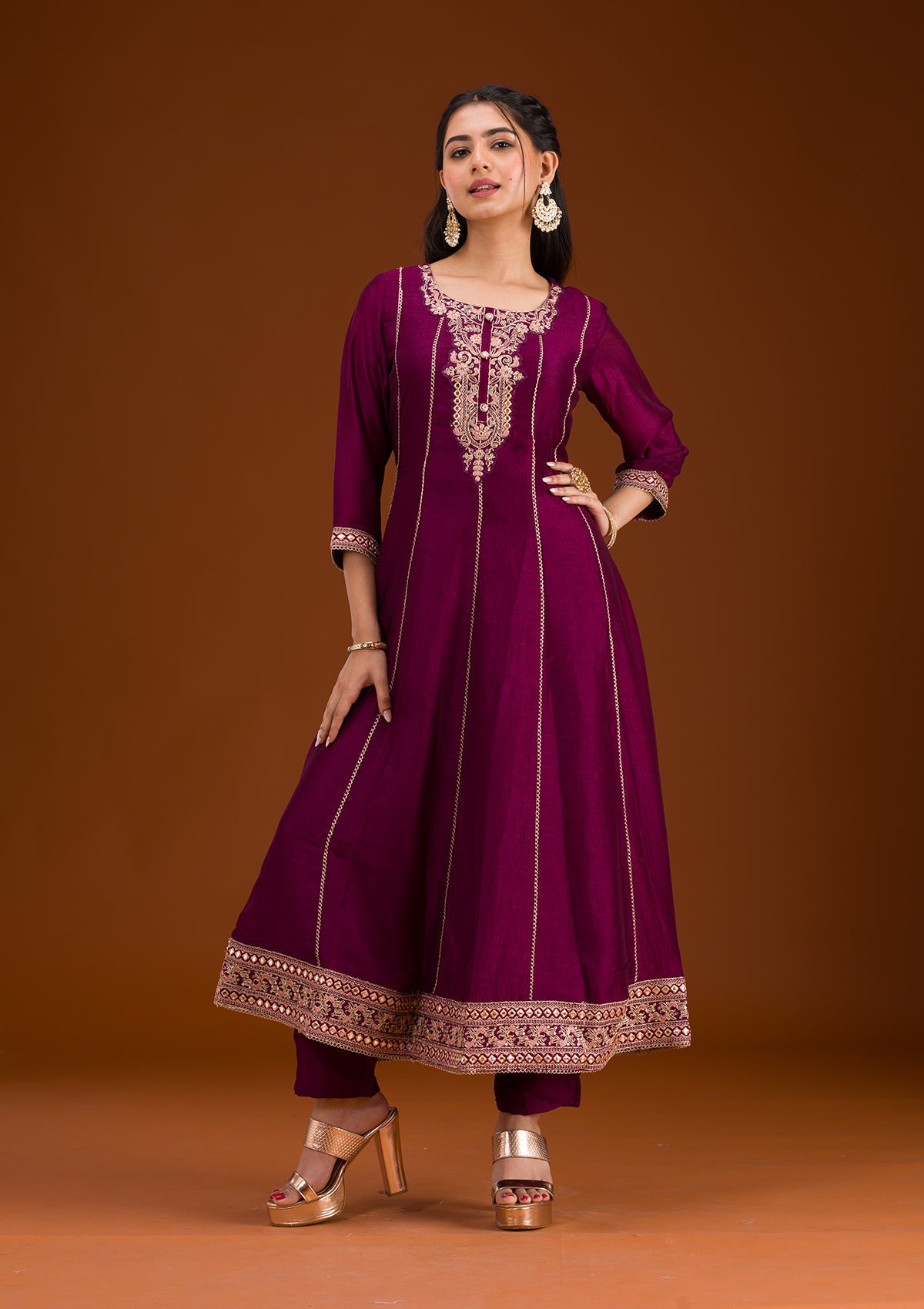 Wine Threadwork Raw Silk Readymade Salwar Suit-Koskii