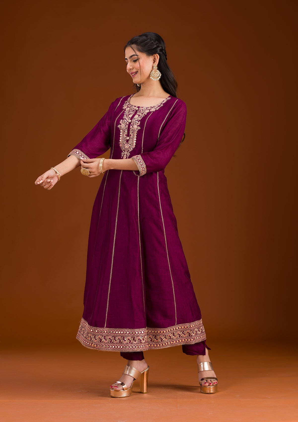 Wine Threadwork Raw Silk Readymade Salwar Suit-Koskii