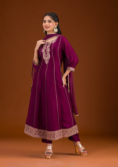 Wine Threadwork Raw Silk Readymade Salwar Suit