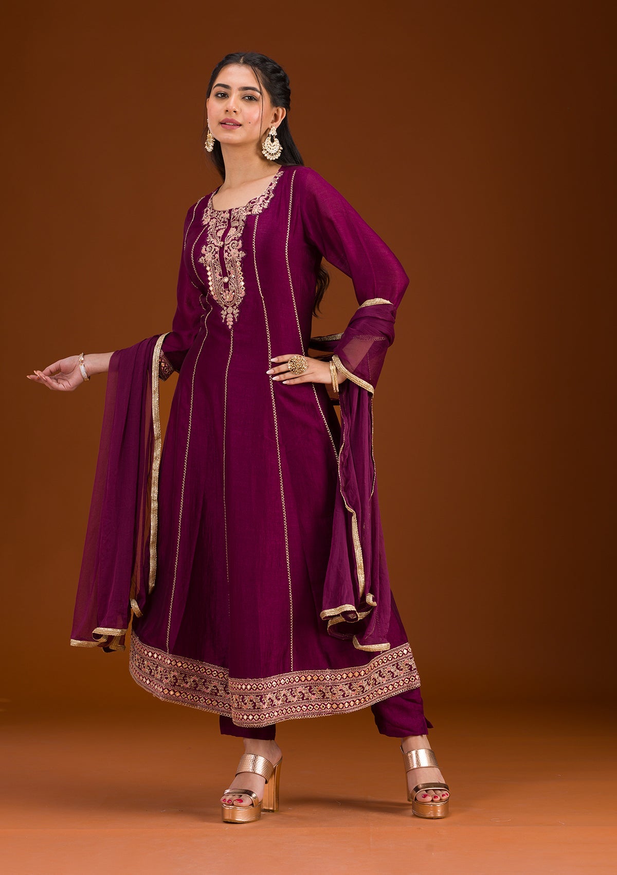 Wine Threadwork Raw Silk Readymade Salwar Suit-Koskii