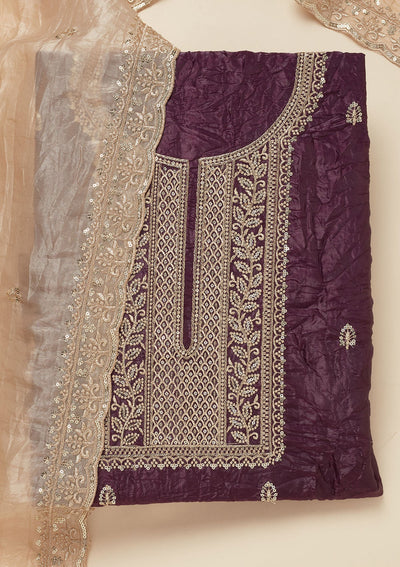 Wine Threadwork Semi Crepe Unstitched Salwar Suit-Koskii