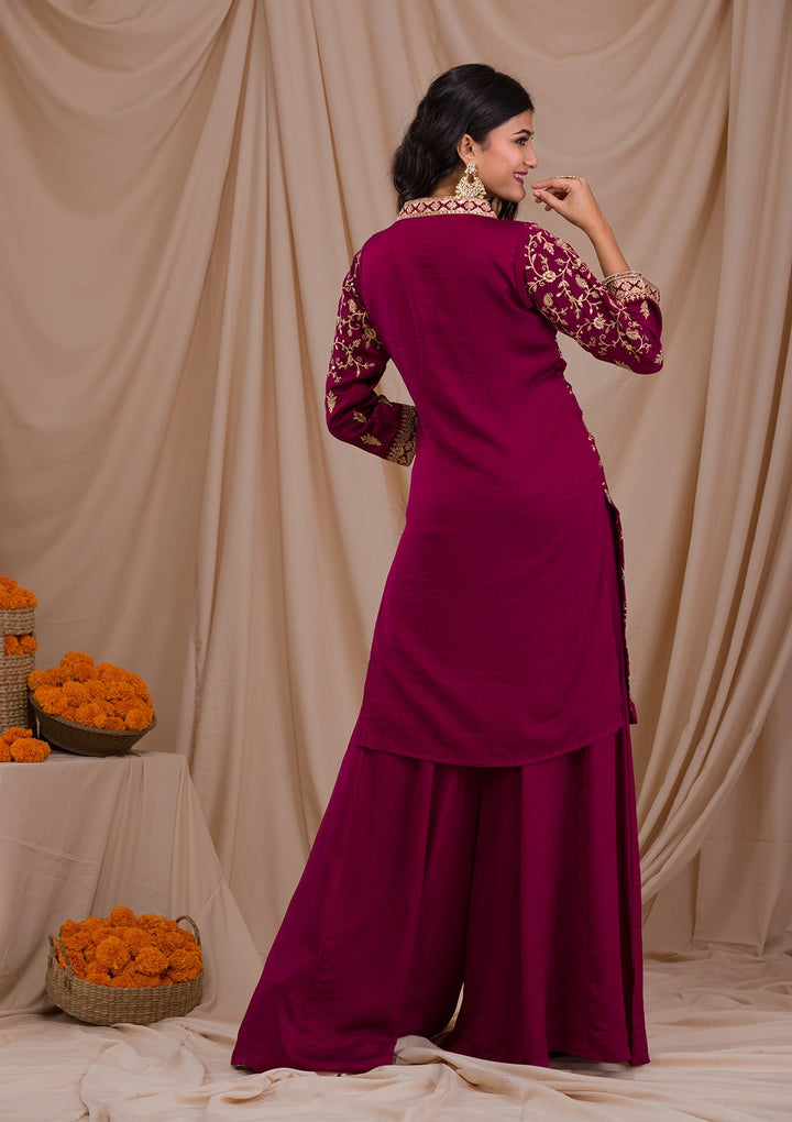 Wine Zariwork Art Silk Readymade Salwar Suit-Koskii