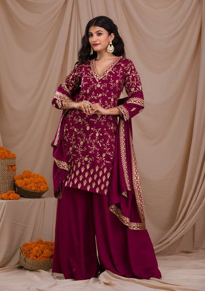 Wine Zariwork Art Silk Readymade Salwar Suit