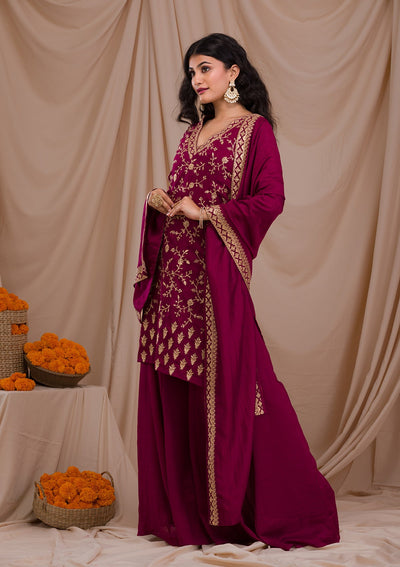 Wine Zariwork Art Silk Readymade Salwar Suit