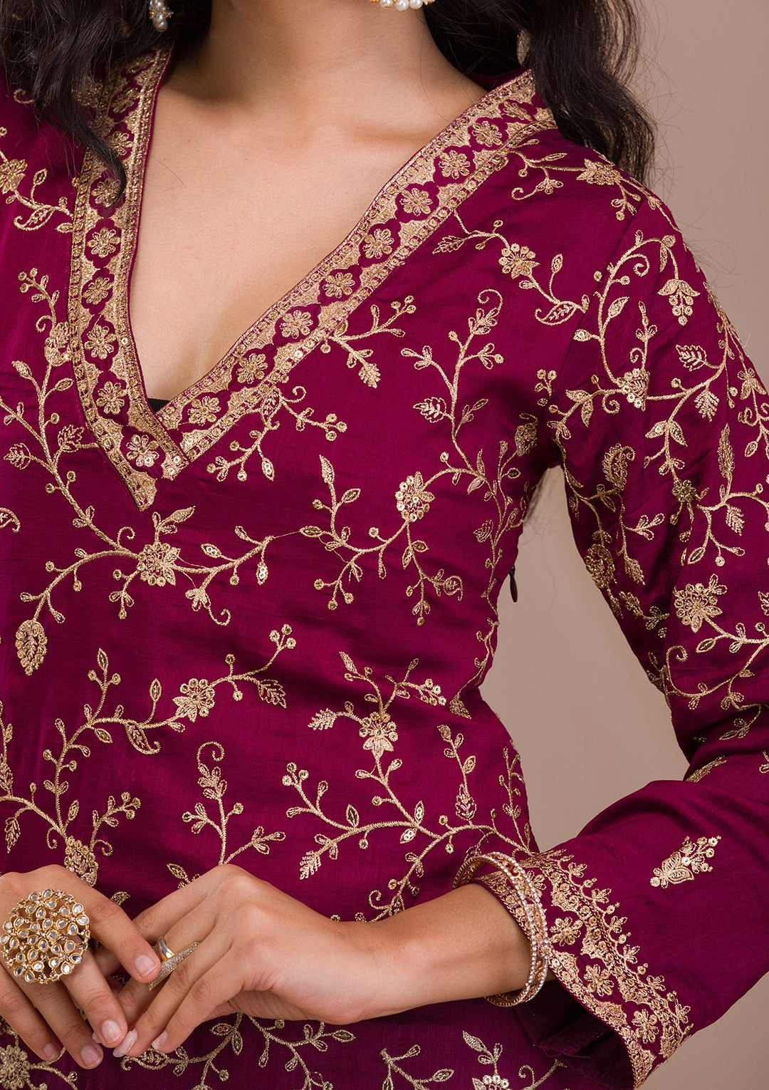 Wine Zariwork Art Silk Readymade Salwar Suit-Koskii