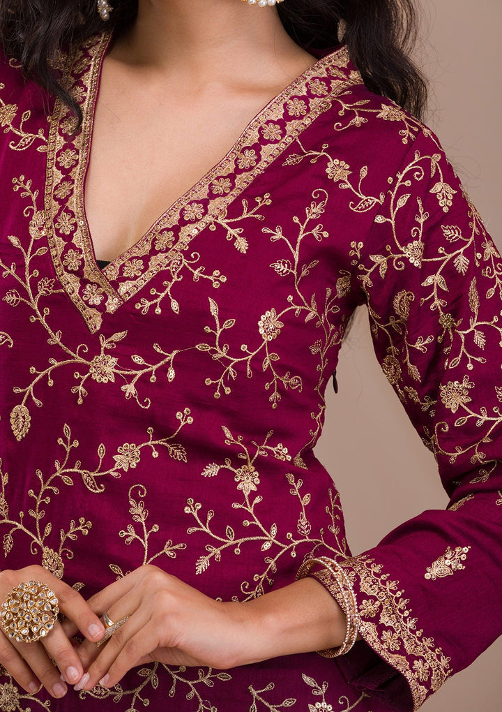 Wine Zariwork Art Silk Readymade Salwar Suit-Koskii