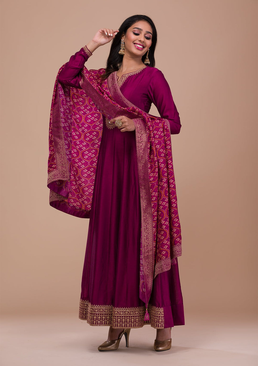 Wine Zariwork Art Silk Readymade Sharara Kameez
