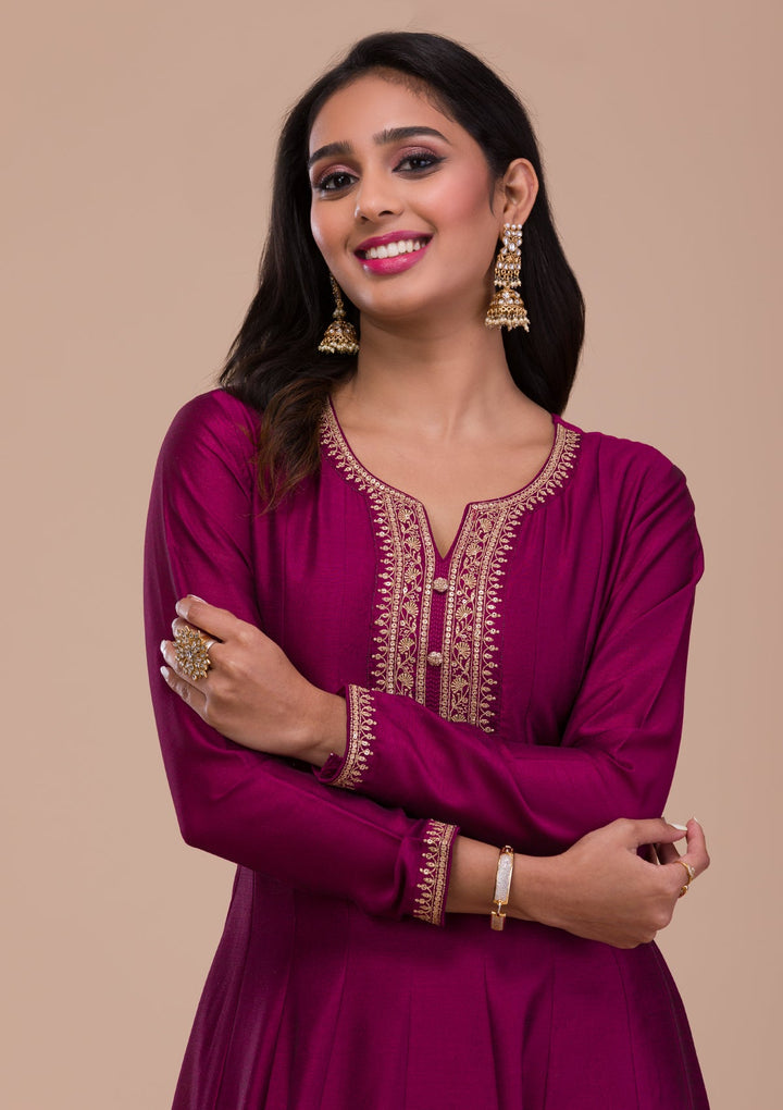 Wine Zariwork Art Silk Readymade Sharara Kameez