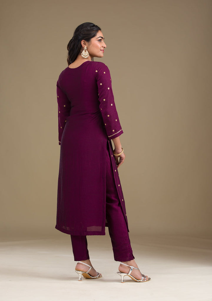 Wine Zariwork Art Silk Readymade Salwar Suit-Koskii