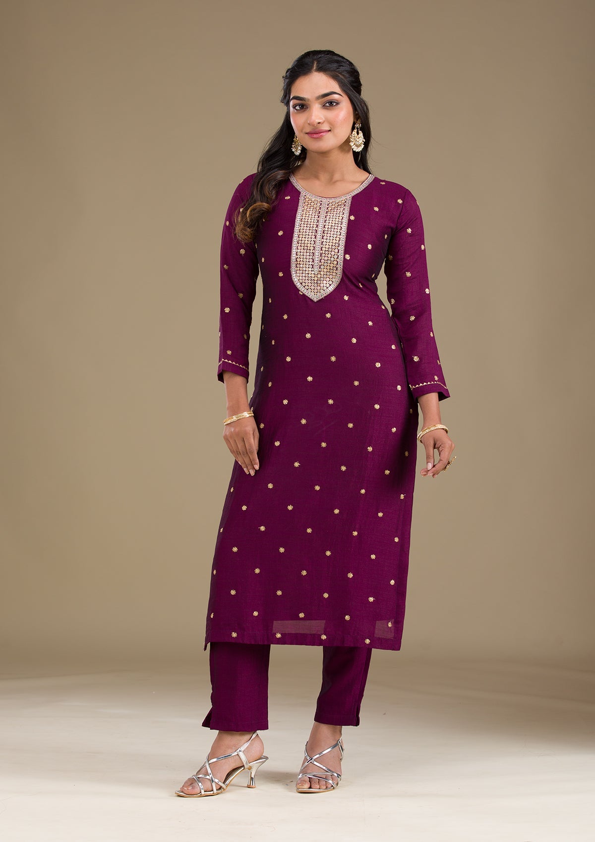 Wine Zariwork Art Silk Readymade Salwar Suit-Koskii