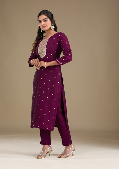 Wine Zariwork Art Silk Readymade Salwar Suit-Koskii