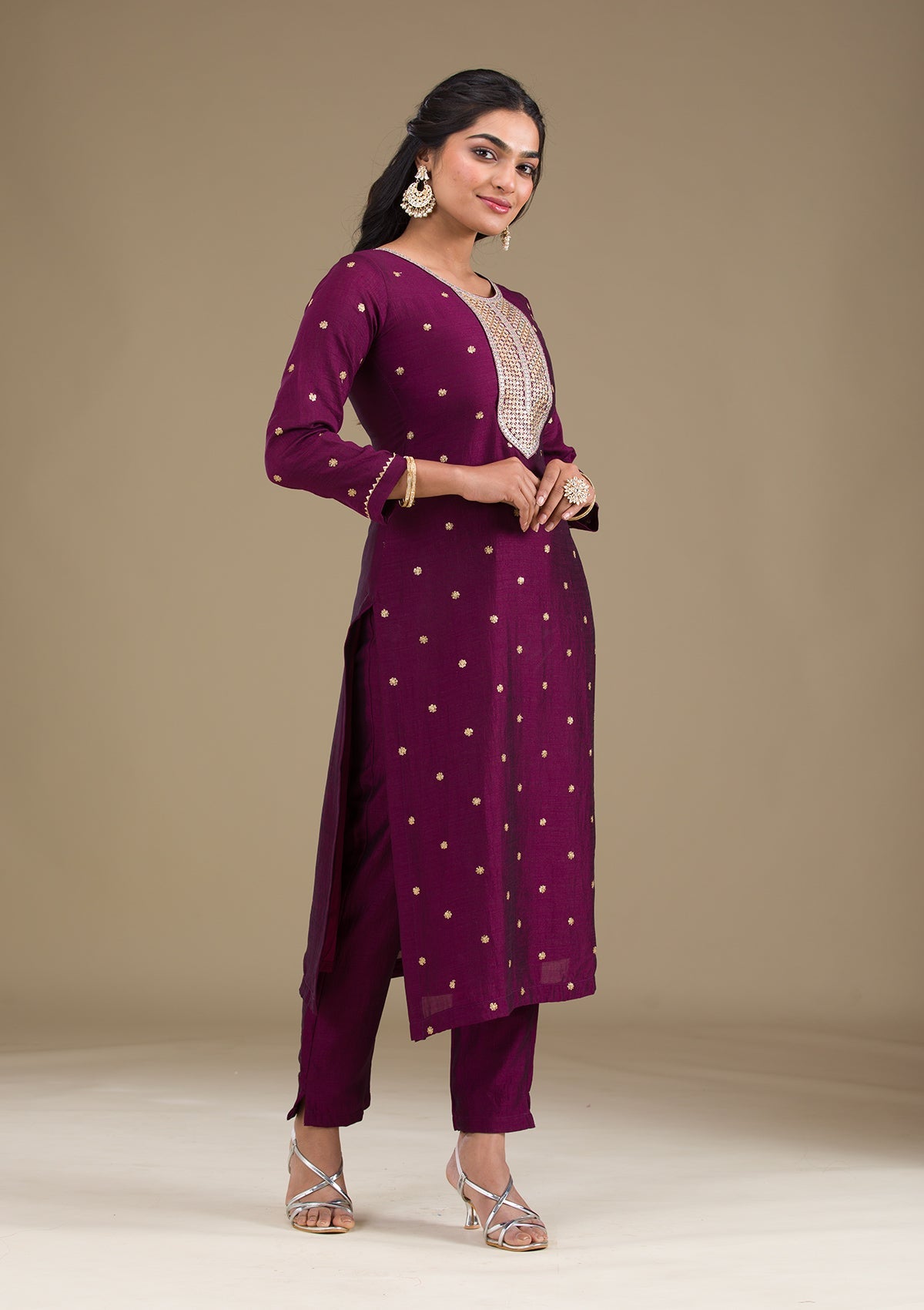 Wine Zariwork Art Silk Readymade Salwar Suit-Koskii