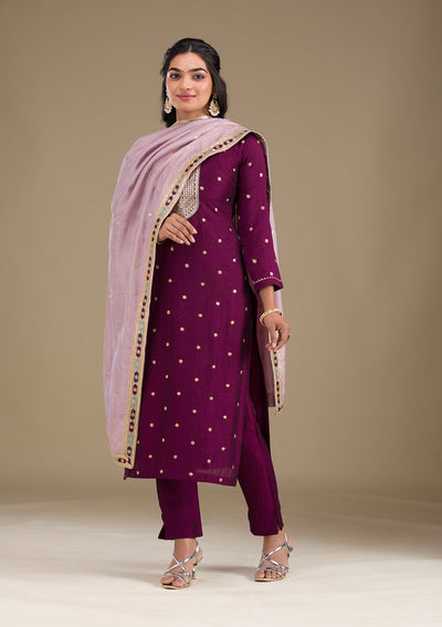 Wine Zariwork Art Silk Readymade Salwar Suit-Koskii