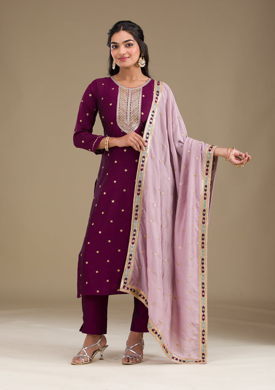 Wine Zariwork Art Silk Readymade Salwar Suit-Koskii