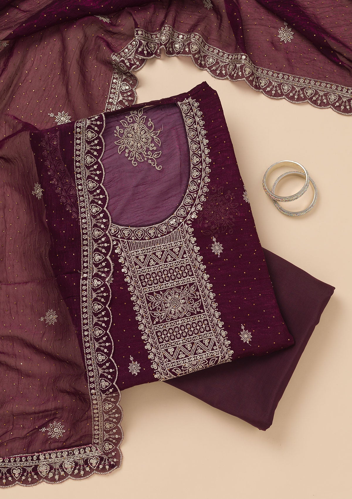 Wine Zariwork Art Silk Unstitched Salwar Suit-Koskii