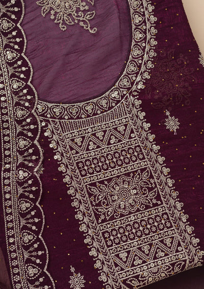 Wine Zariwork Art Silk Unstitched Salwar Suit