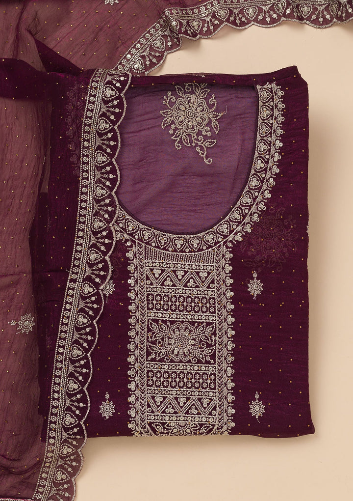 Wine Zariwork Art Silk Unstitched Salwar Suit
