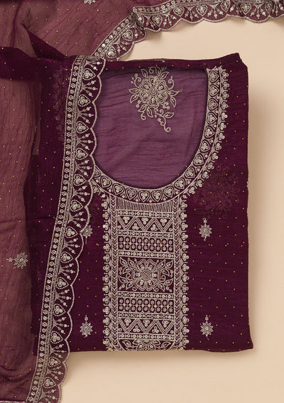 Wine Zariwork Art Silk Unstitched Salwar Suit