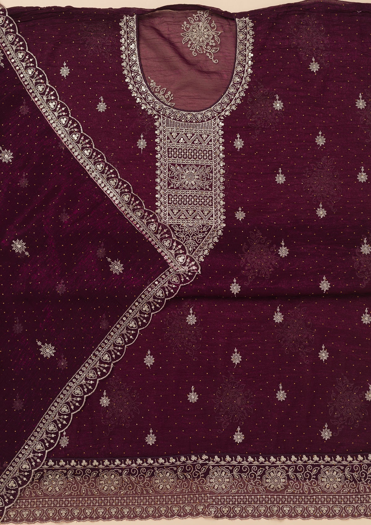 Wine Zariwork Art Silk Unstitched Salwar Suit